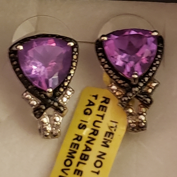 Lavender Alexite & Black Diamond J-Hoop Earrings, 925 Silver, TGW 6.28 Carats - Picture 1 of 7